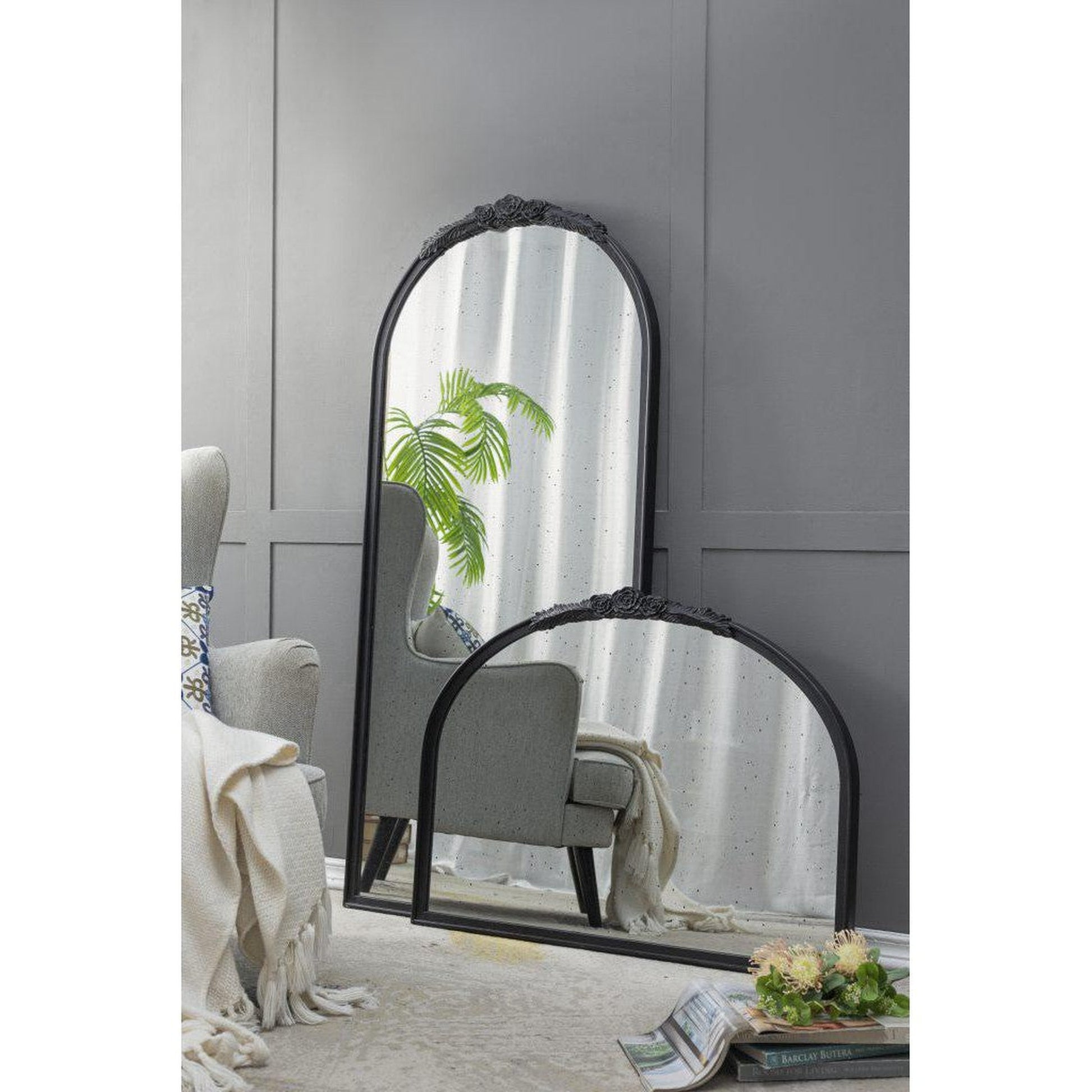 A&B Home Bingley 40" x 30" Bundle of 8 Arched Black Hand Carved Rose Antique Wood Frame Wall-Mounted Mirror