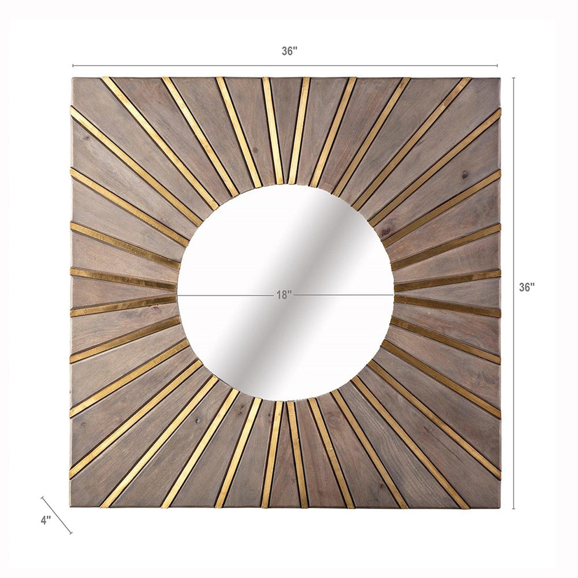 A&B Home Clad 36" x 36" Bundle of 3 Squared Shaped Sunburst Wooden Brass Framed Wall-Mounted Mirror