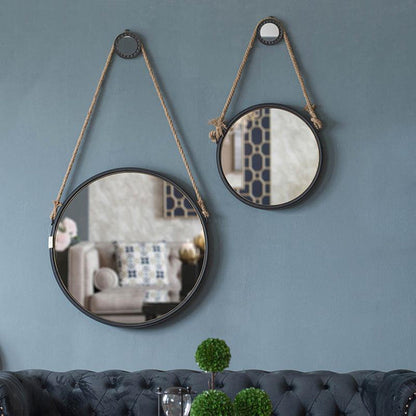 A&B Home Cleveland 20" x 20" Bundle of 14 Black Metal Frame Round Shape Wall-Mounted Mirror With Rope Strap