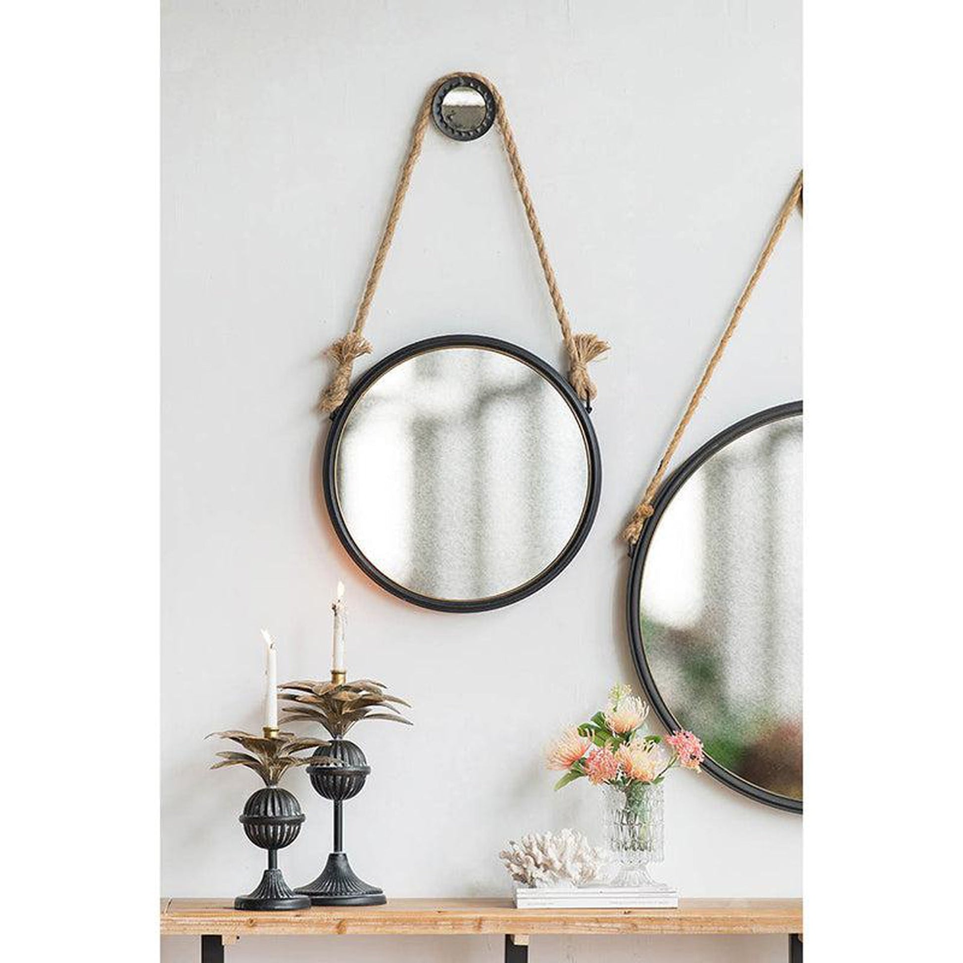 A&B Home Cleveland 20" x 20" Bundle of 14 Black Metal Frame Round Shape Wall-Mounted Mirror With Rope Strap