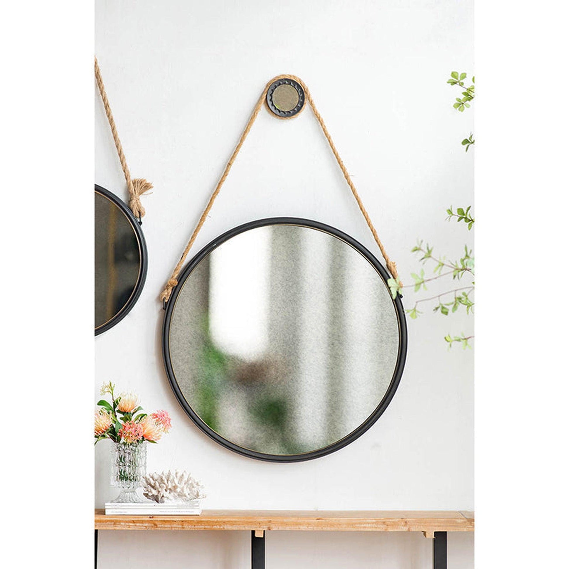 A&B Home Cleveland 30" x 30" Bundle of 10 Black Metal Frame Round Shape Wall-Mounted Mirror With Rope Strap
