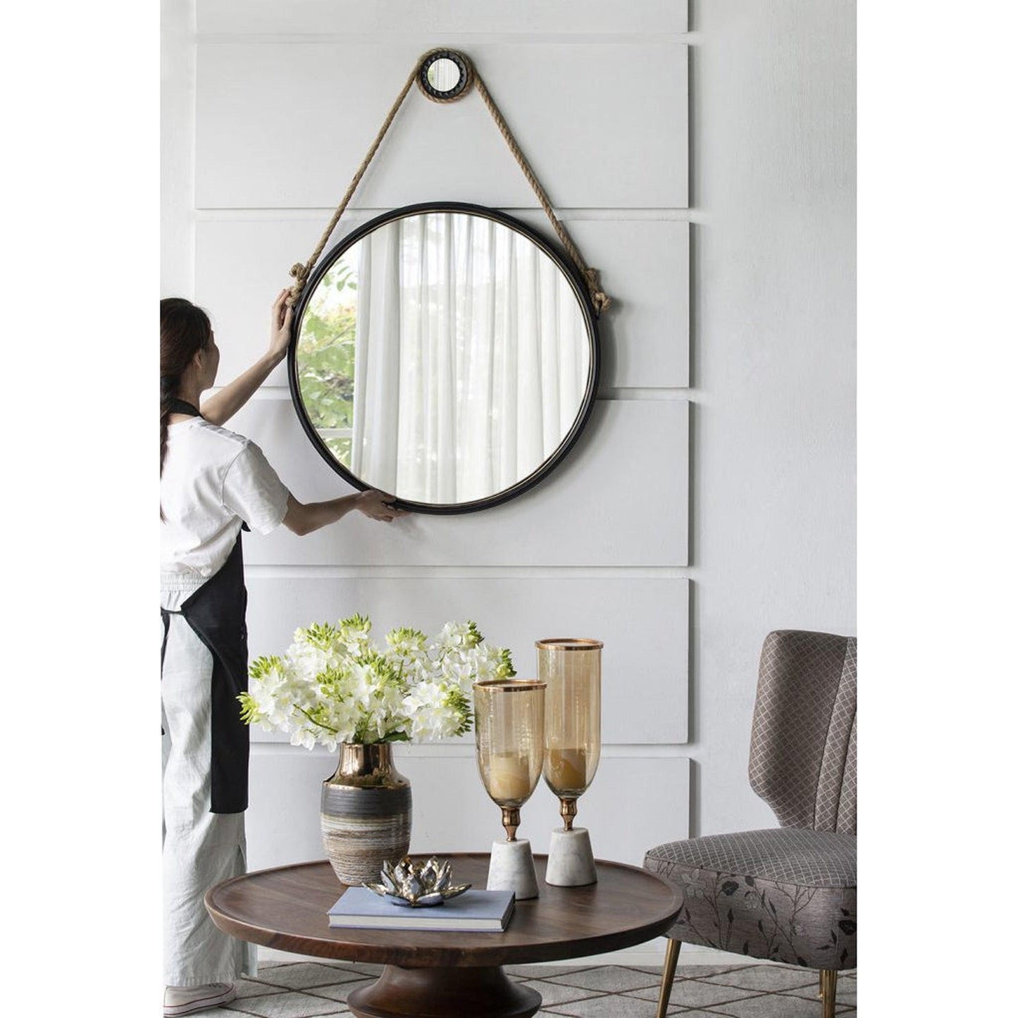 A&B Home Cleveland 30" x 30" Bundle of 10 Black Metal Frame Round Shape Wall-Mounted Mirror With Rope Strap