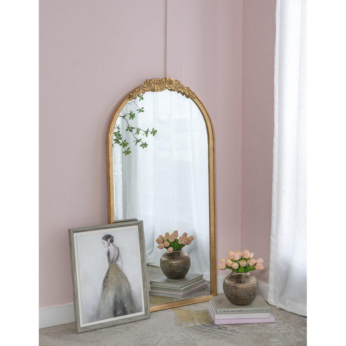 A&B Home Etienne 27" x 52" Bundle of 12 Arched Gold Wooden Frame Floor Mirror