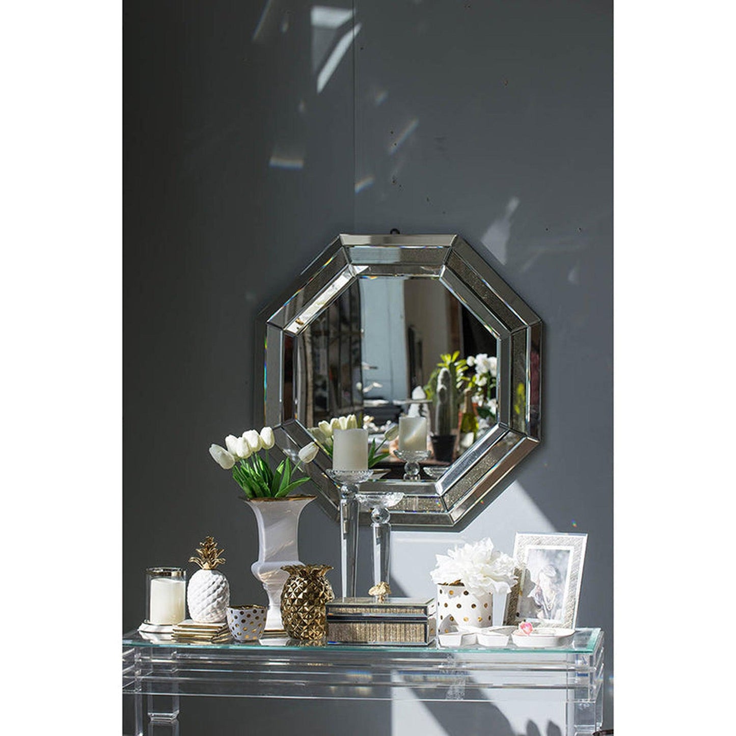 A&B Home Glitz 28" x 28" Bundle of 10 Hexagonal Silver Frame Wall-Mounted Mirror