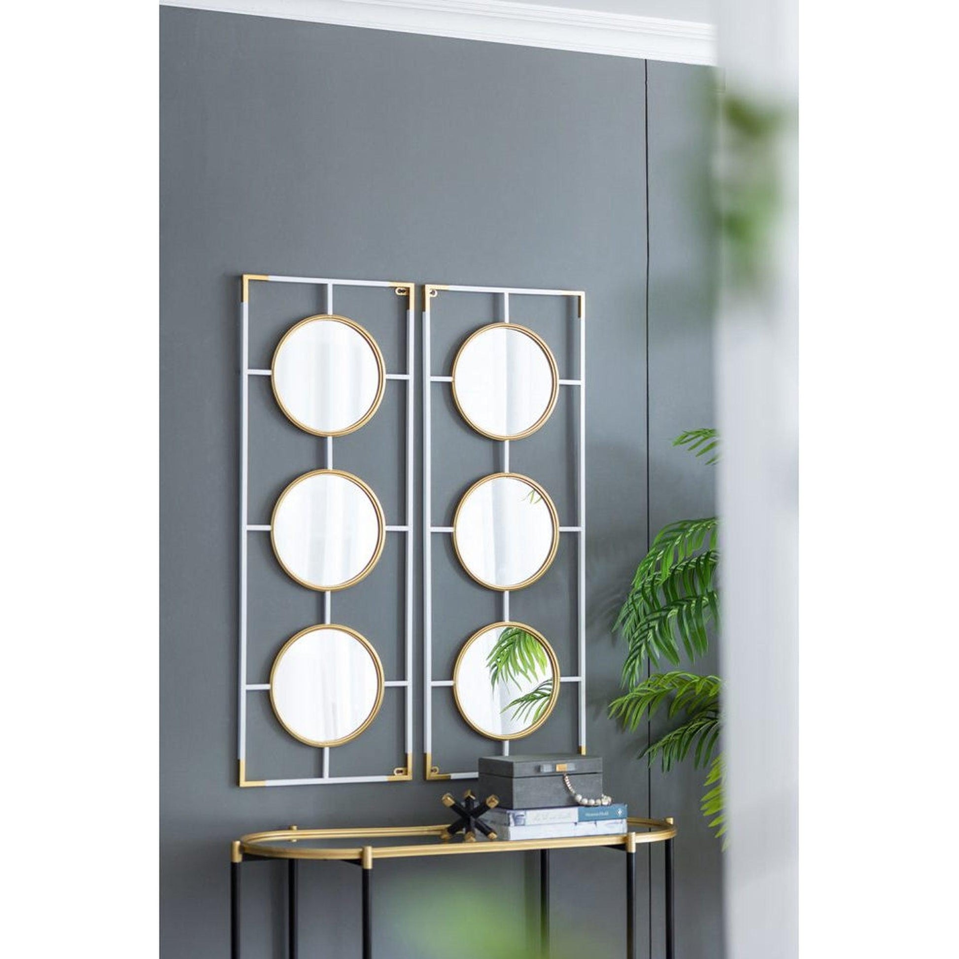 A&B Home Hannes 43" x 16" Bundle of 11 Three Round Gold and White Metal Frame Wall-Mounted Mirror