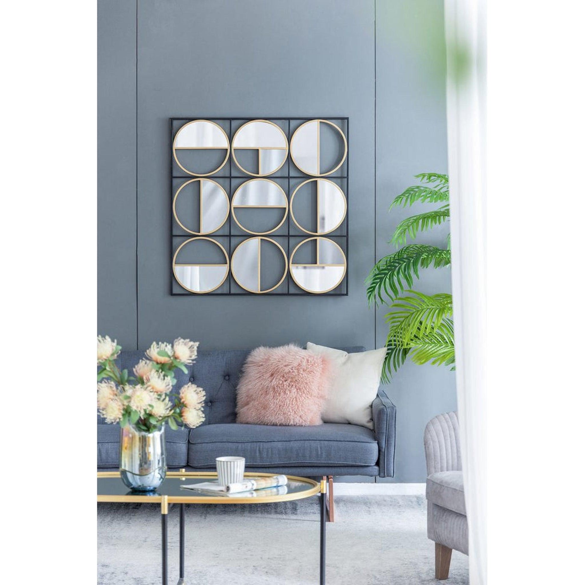 A&B Home Harley 36" x 36" Bundle of 12 Squared Shaped Black Metal Frame Wall-Mounted With Nine Circular Gold Round Mirrors