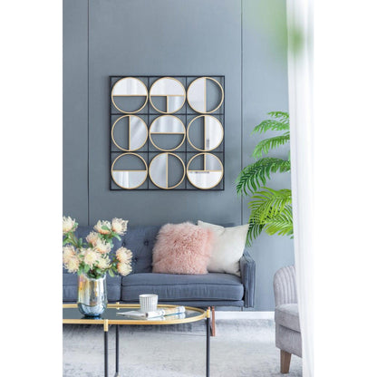 A&B Home Harley 36" x 36" Bundle of 12 Squared Shaped Black Metal Frame Wall-Mounted With Nine Circular Gold Round Mirrors