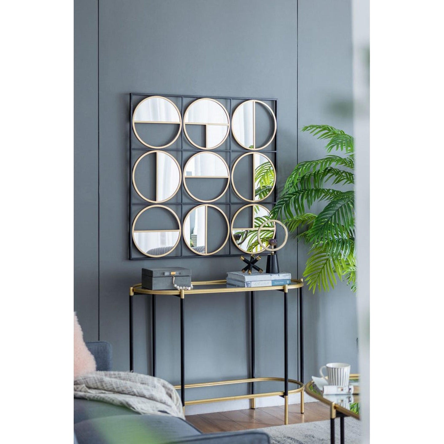 A&B Home Harley 36" x 36" Bundle of 12 Squared Shaped Black Metal Frame Wall-Mounted With Nine Circular Gold Round Mirrors