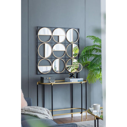 A&B Home Harley 36" x 36" Bundle of 12 Squared Shaped Black Metal Frame Wall-Mounted With Nine Circular Gold Round Mirrors