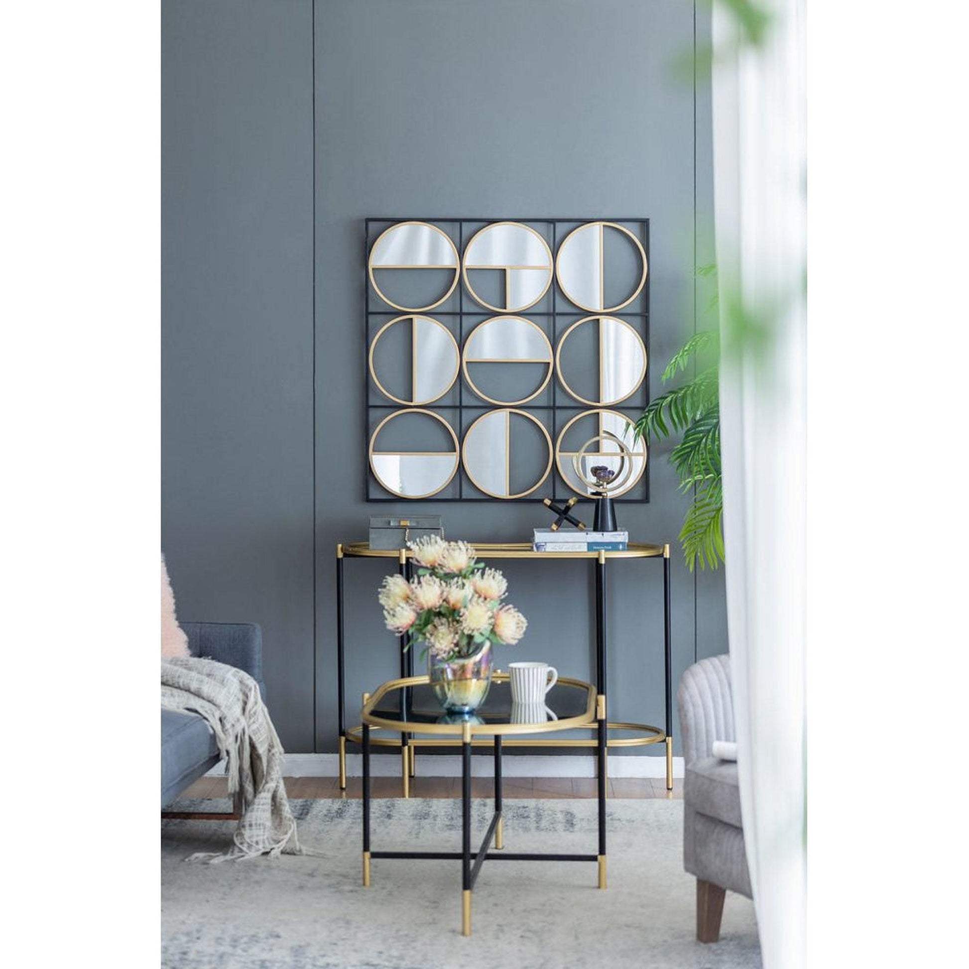 A&B Home Harley 36" x 36" Bundle of 12 Squared Shaped Black Metal Frame Wall-Mounted With Nine Circular Gold Round Mirrors