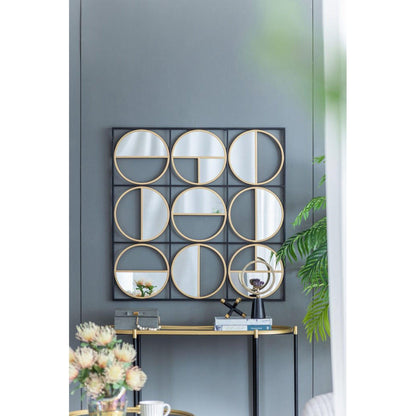 A&B Home Harley 36" x 36" Bundle of 12 Squared Shaped Black Metal Frame Wall-Mounted With Nine Circular Gold Round Mirrors