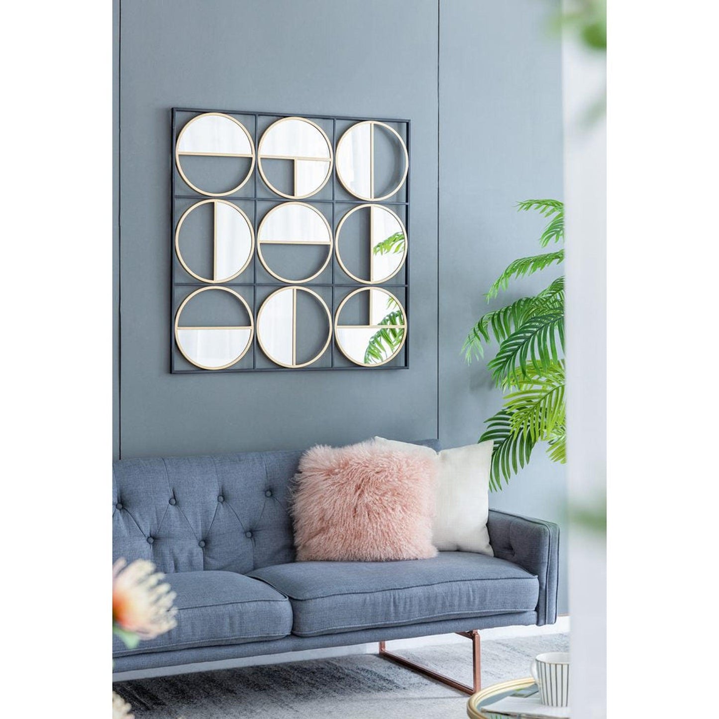 A&B Home Harley 36" x 36" Bundle of 12 Squared Shaped Black Metal Frame Wall-Mounted With Nine Circular Gold Round Mirrors