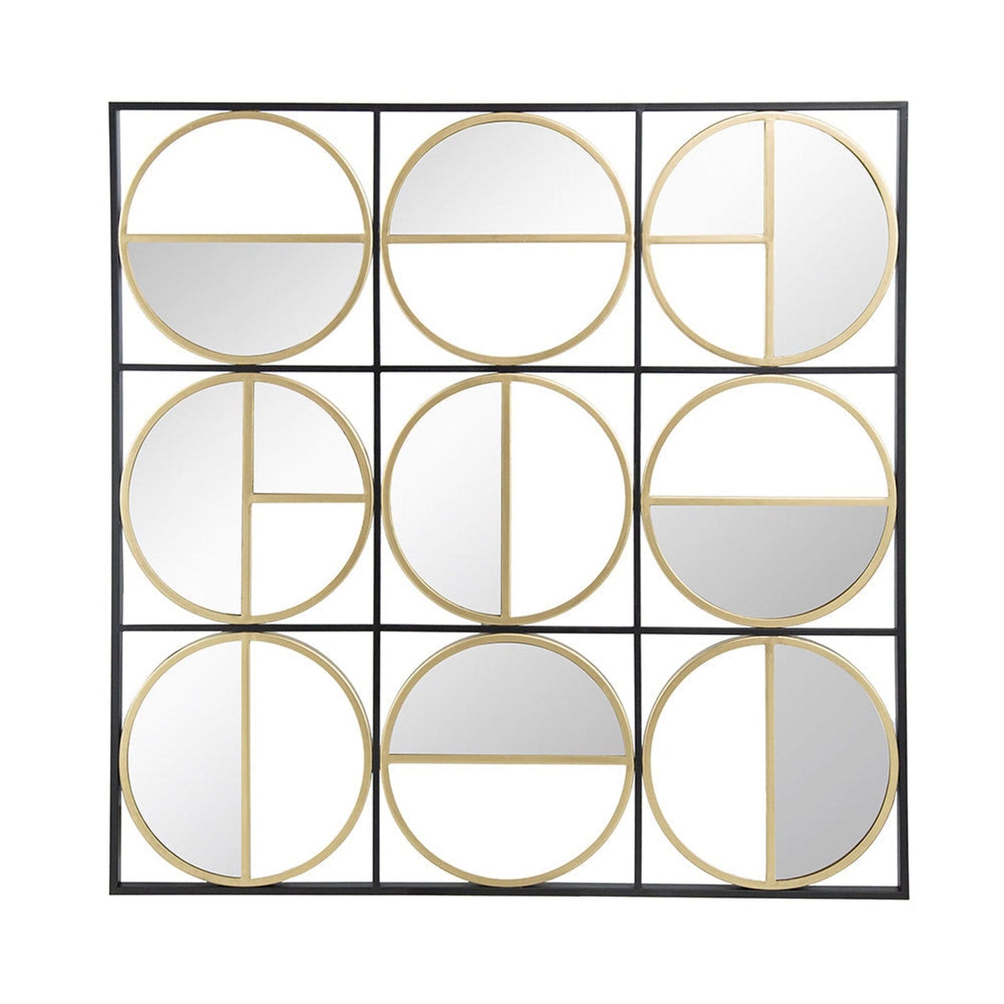 A&B Home Harley 36" x 36" Bundle of 12 Squared Shaped Black Metal Frame Wall-Mounted With Nine Circular Gold Round Mirrors