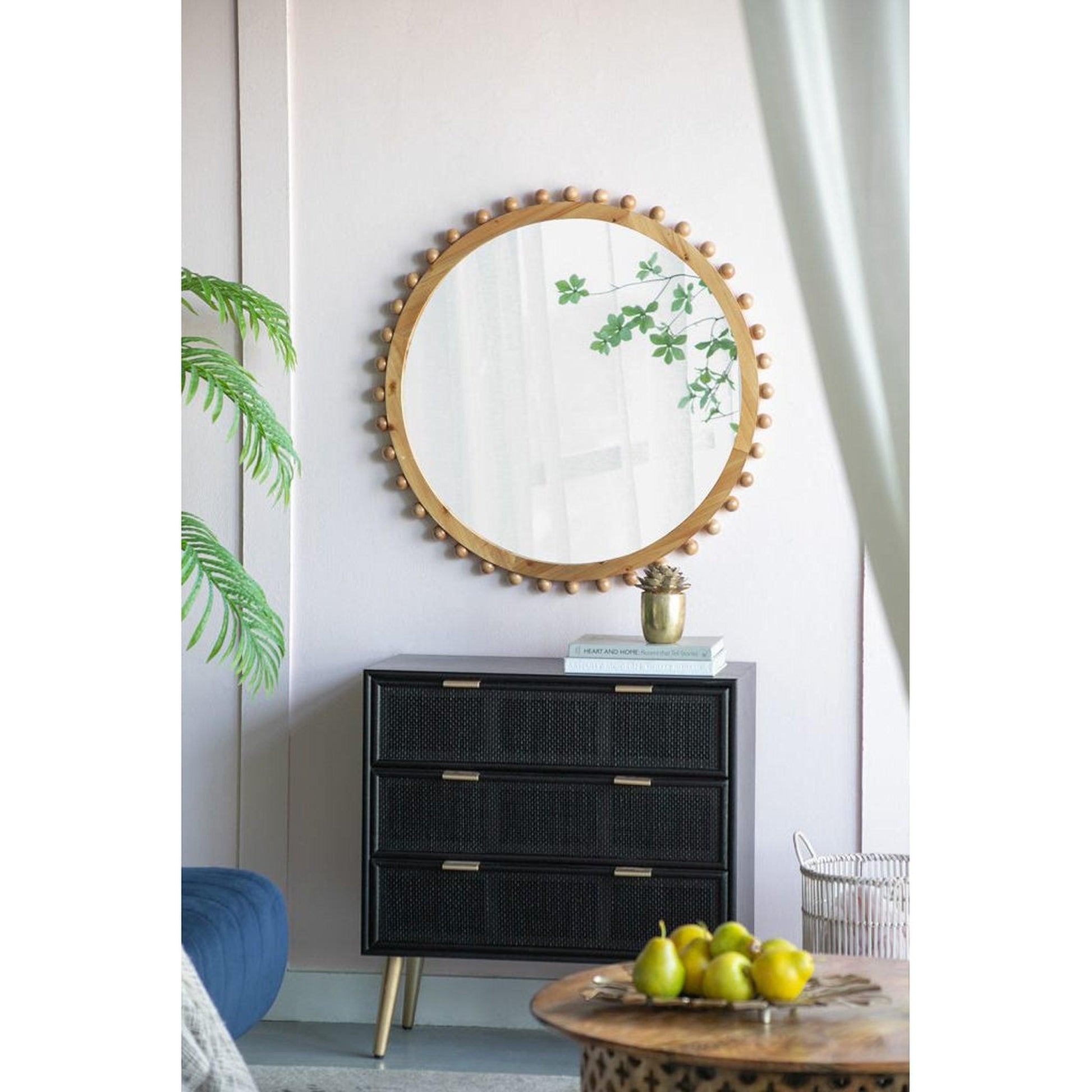 A&B Home Jasper 34" x 34" Bundle of 15 Round Natural Beaded Wooden Frame Wall-Mounted Mirror