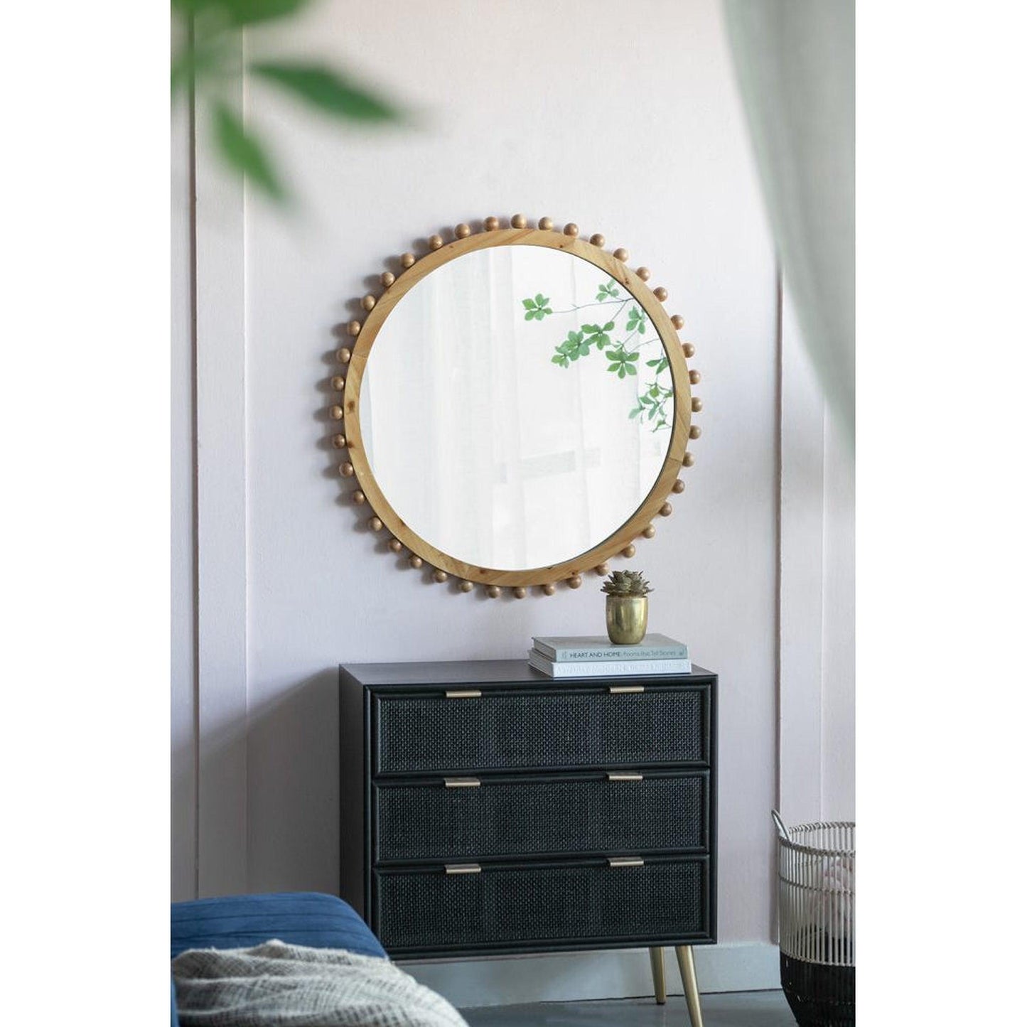 A&B Home Jasper 34" x 34" Bundle of 15 Round Natural Beaded Wooden Frame Wall-Mounted Mirror