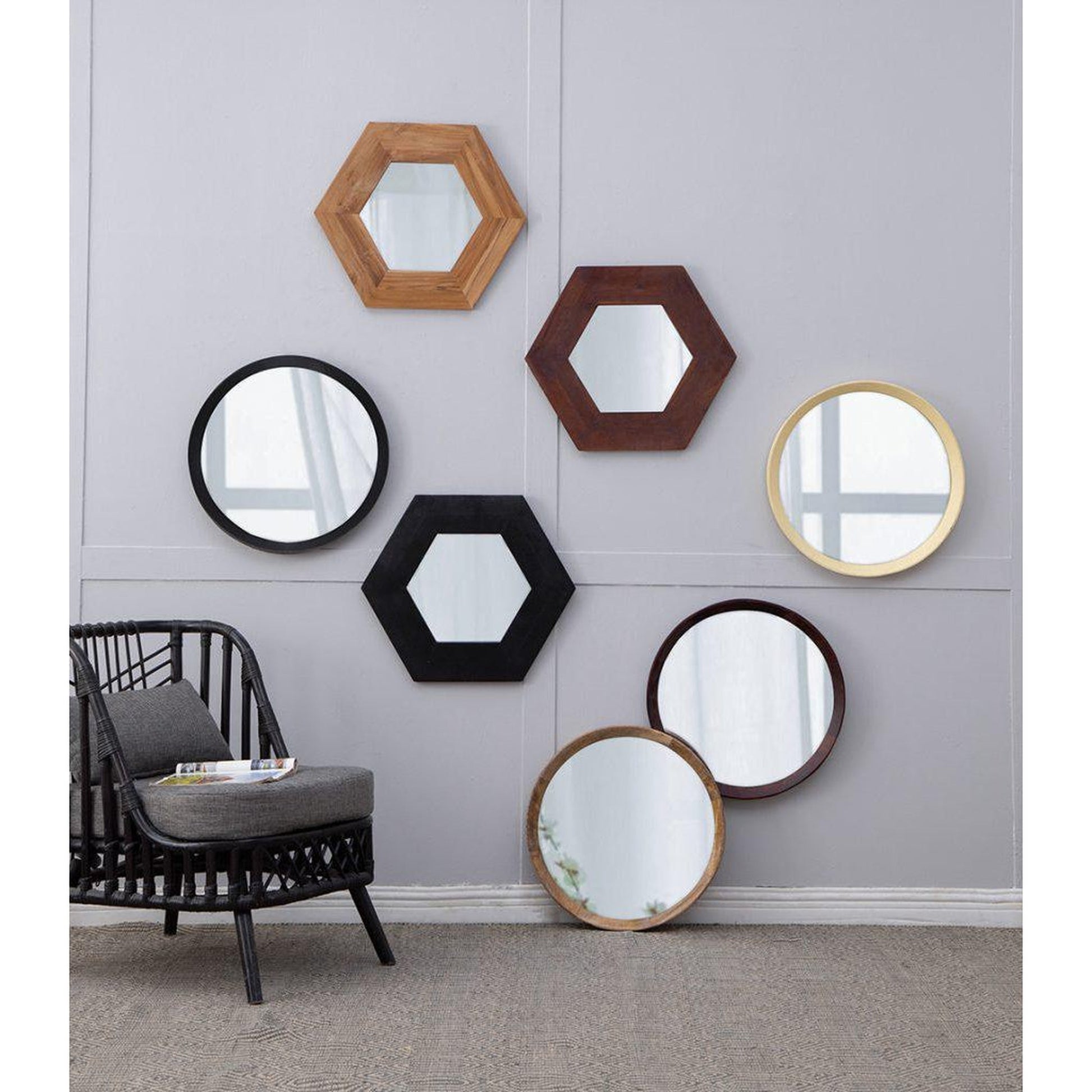 A&B Home Porthole 20" x 20" Bundle of 33 Round Brown Mango Wood Frame Wall-Mounted Mirror