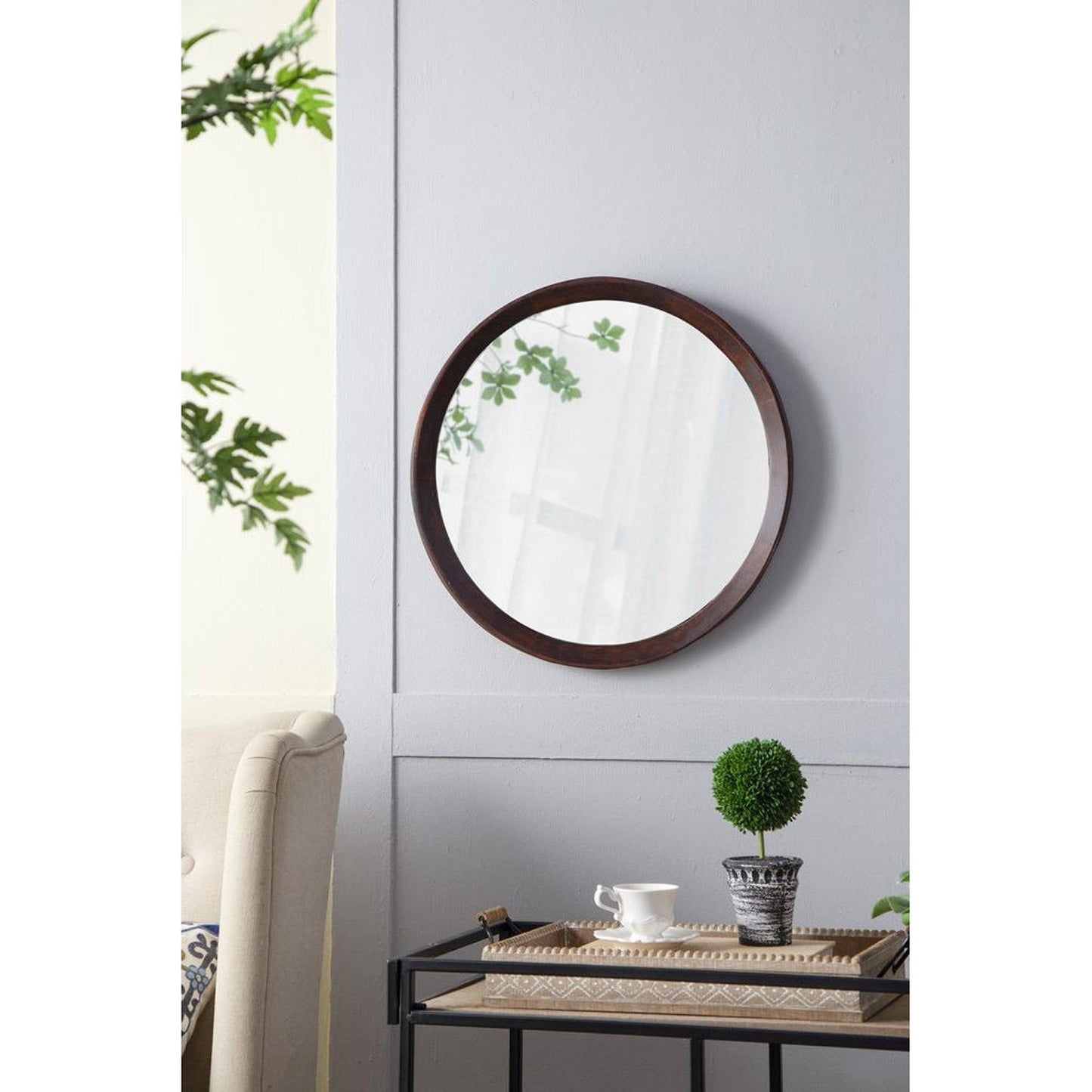 A&B Home Porthole 20" x 20" Bundle of 33 Round Dark Brown Mango Wood Frame Wall-Mounted Mirror