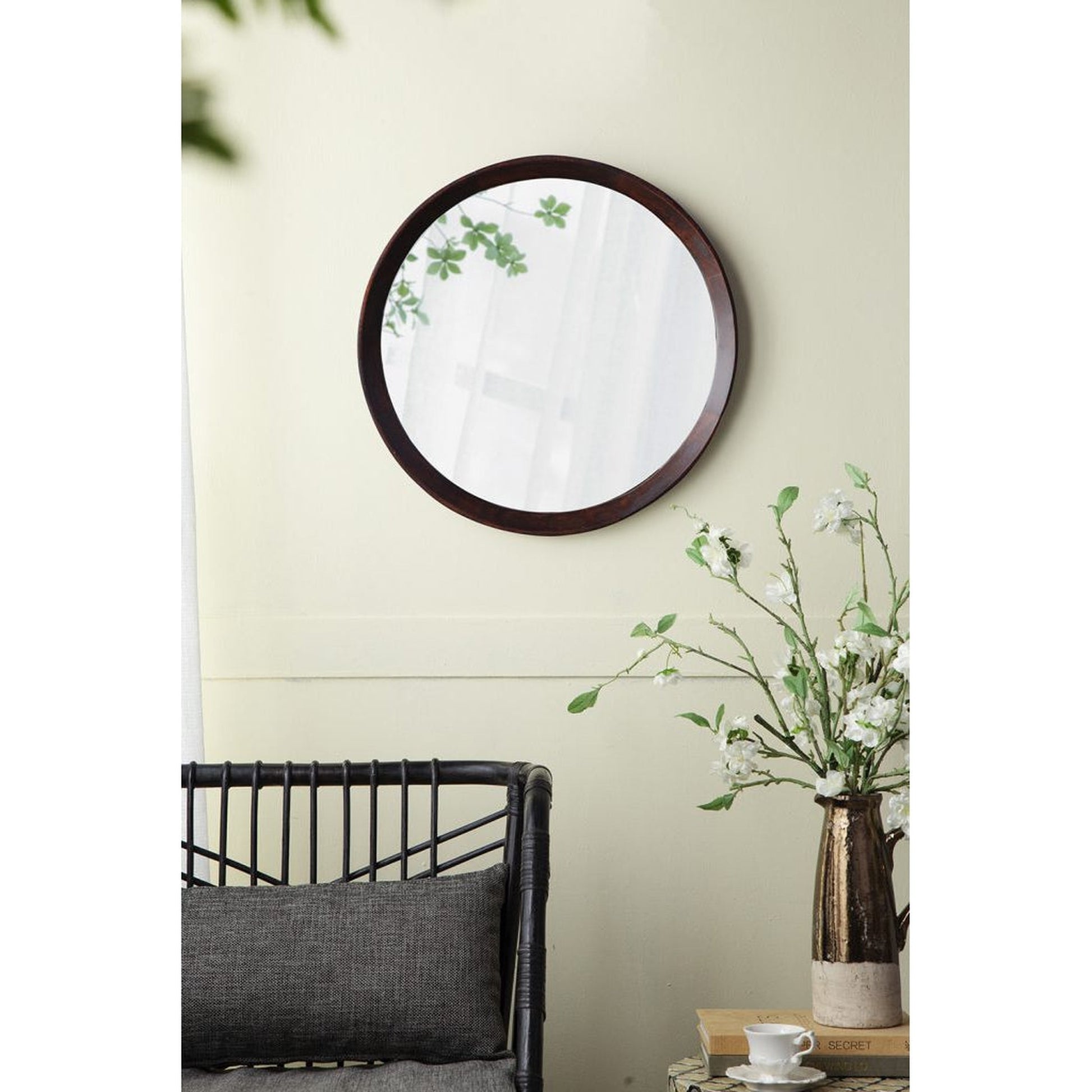 A&B Home Porthole 20" x 20" Bundle of 33 Round Dark Brown Mango Wood Frame Wall-Mounted Mirror