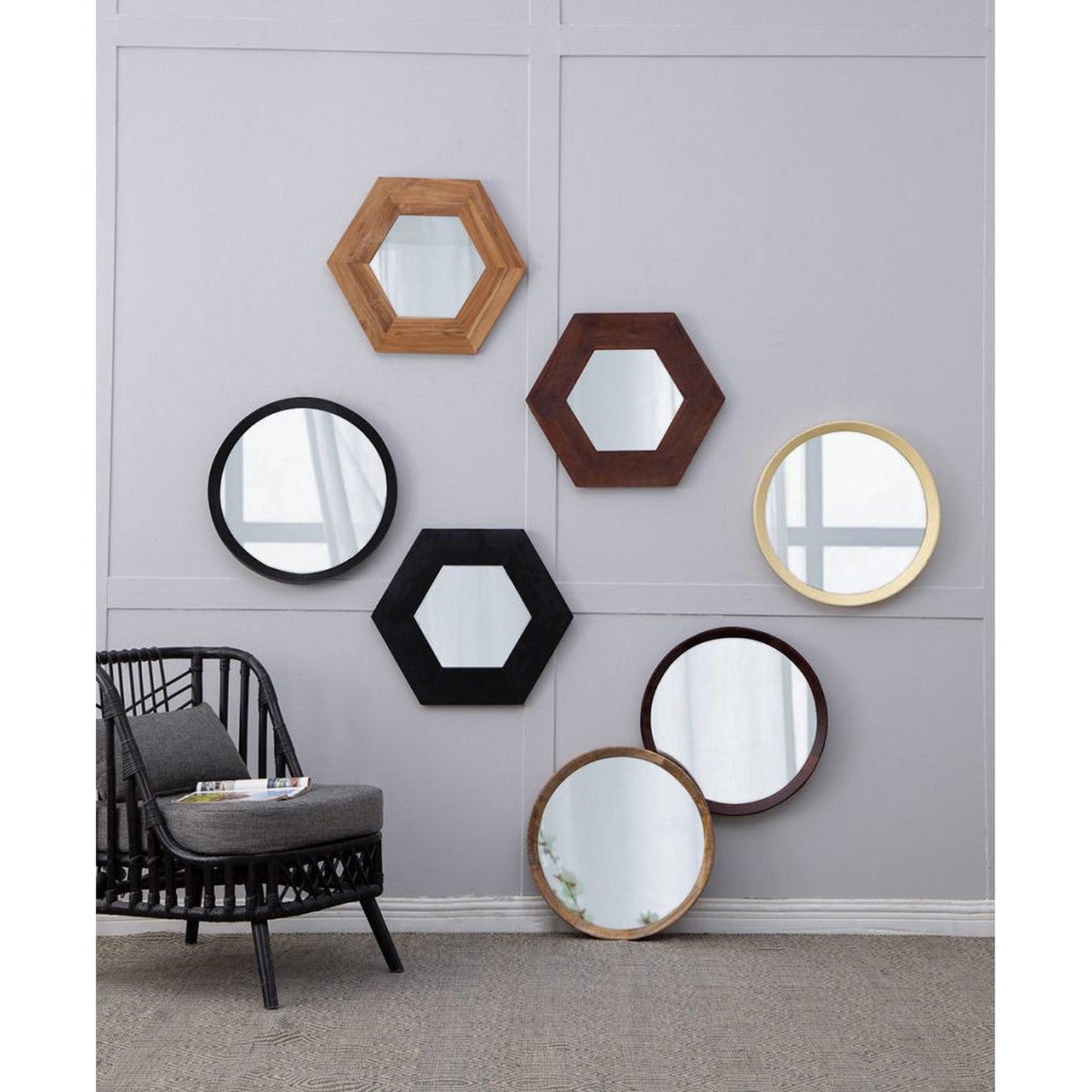 A&B Home Porthole 20" x 20" Bundle of 48 Round Black Mango Wood Frame Wall-Mounted Mirror