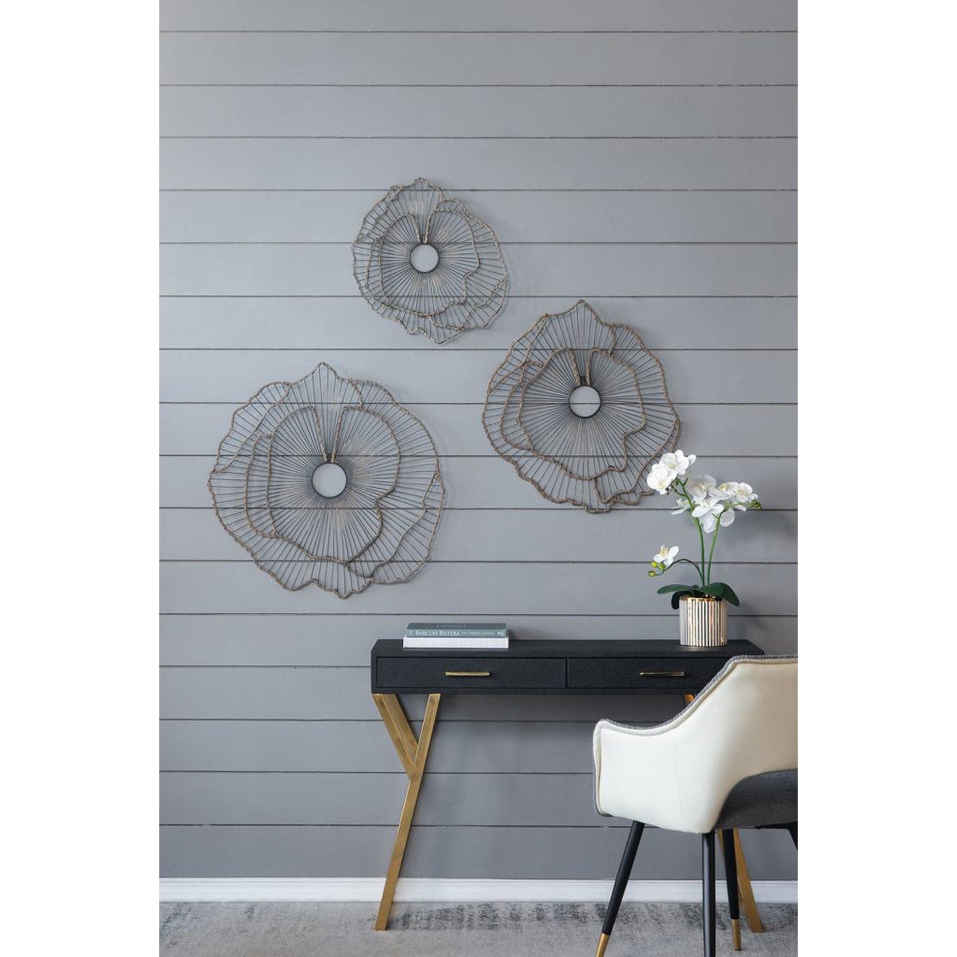 A&B Home Set of 3 Bundle of 12 Flower Decoration Gold Metal Frame Wall-Mounted Mirror