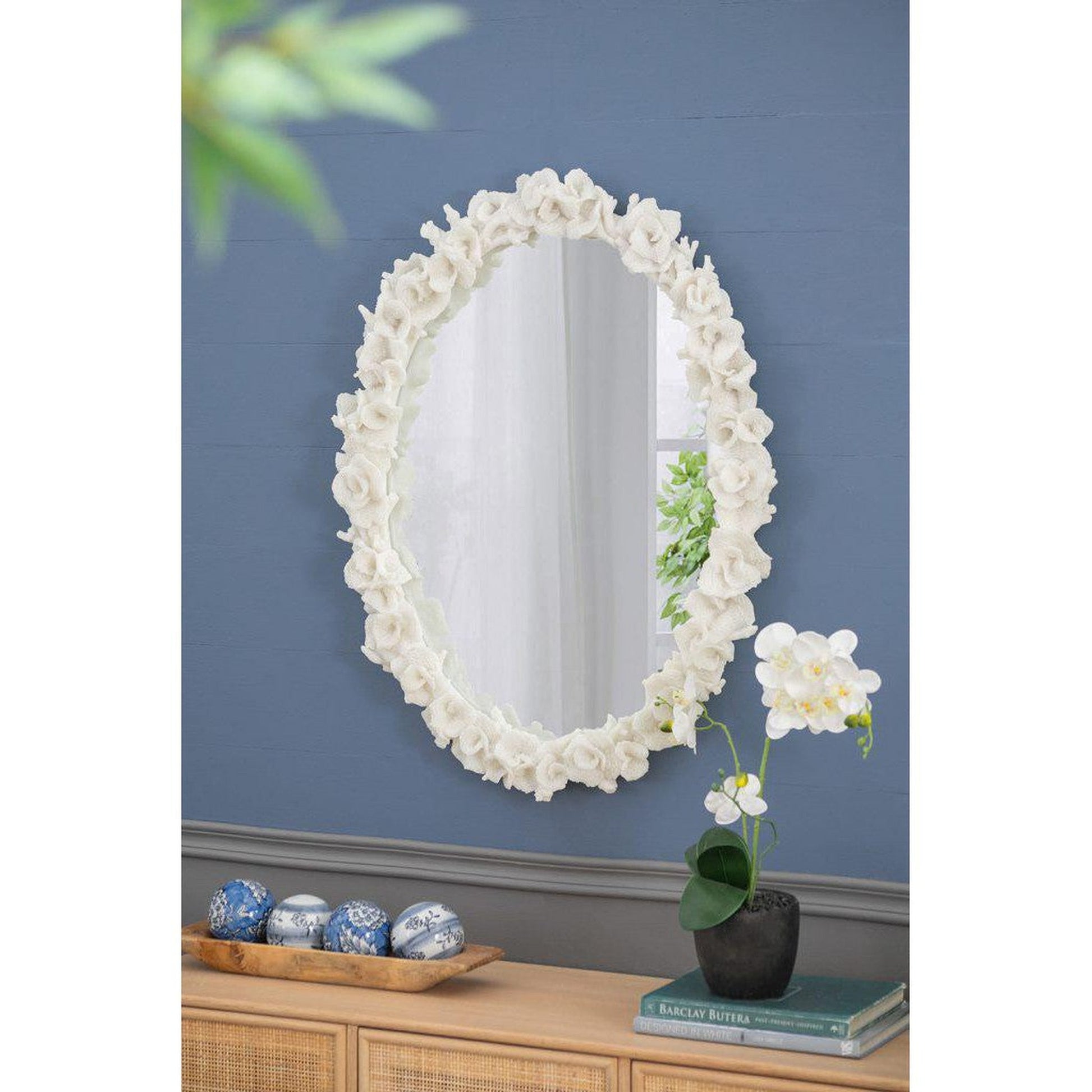 A&B Home Shelby 28" x 35" Bundle of 8 Round White Clear Resin Faux Coral Frame Wall-Mounted Mirror