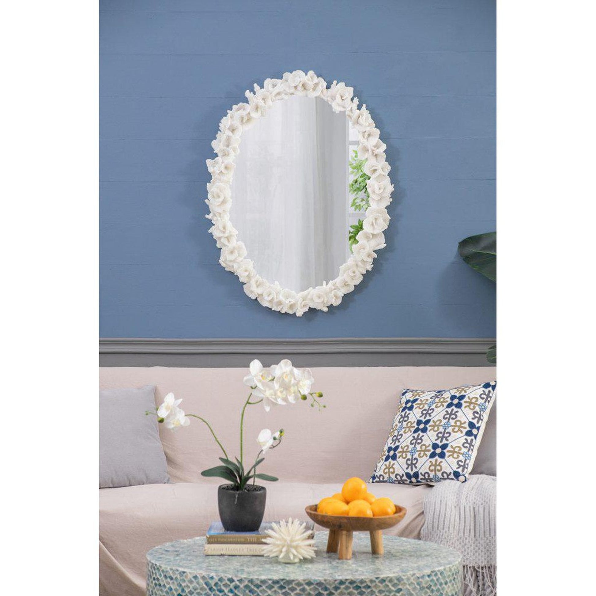 A&B Home Shelby 28" x 35" Bundle of 8 Round White Clear Resin Faux Coral Frame Wall-Mounted Mirror