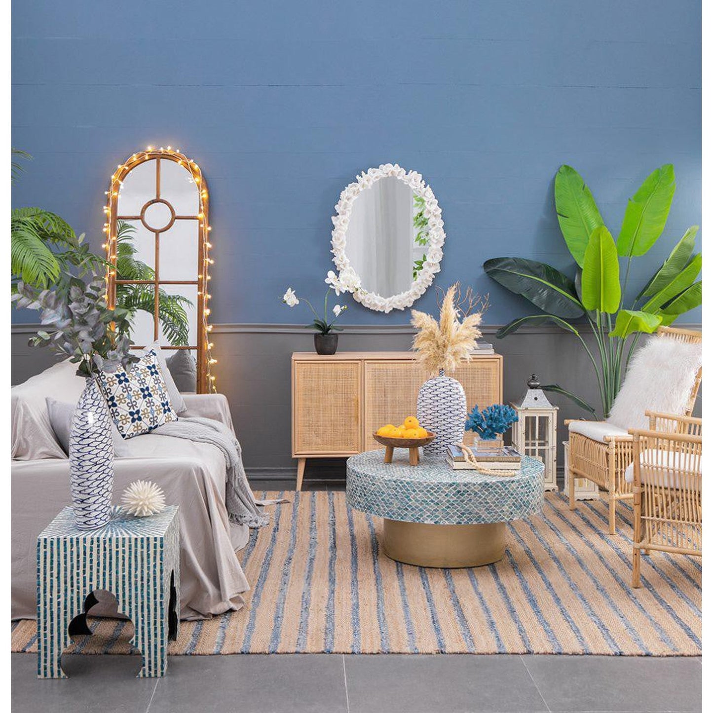 A&B Home Shelby 28" x 35" Bundle of 8 Round White Clear Resin Faux Coral Frame Wall-Mounted Mirror