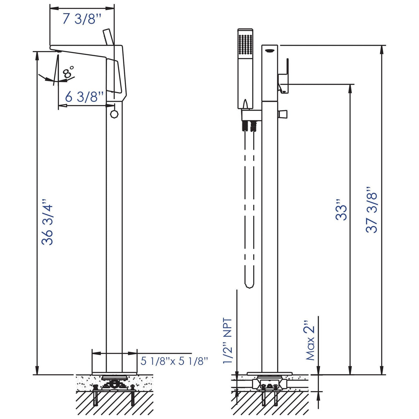 ALFI Brand AB2475-BN Brushed Nickel Single Hole Floor Mounted Tub Filler With Hand-Held Shower Head