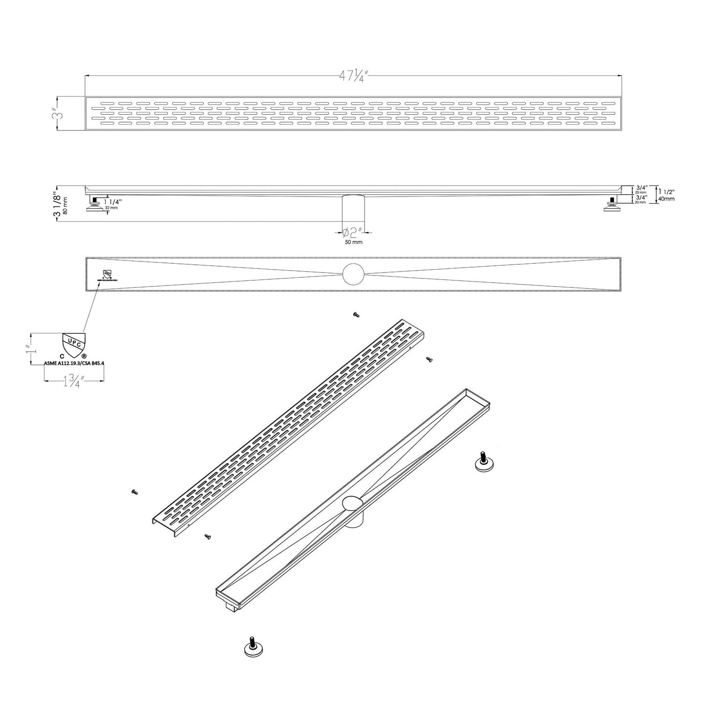 ALFI Brand ABLD47C-BSS 47" Brushed Stainless Steel Rectangle Linear Shower Drain With Groove Holes