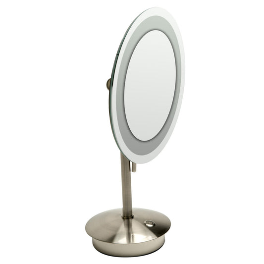 ALFI Brand ABM9  FLED-BN 9" Brushed Nickel Freestanding Tabletop Round 5x Magnifying Cosmetic Mirror With Light