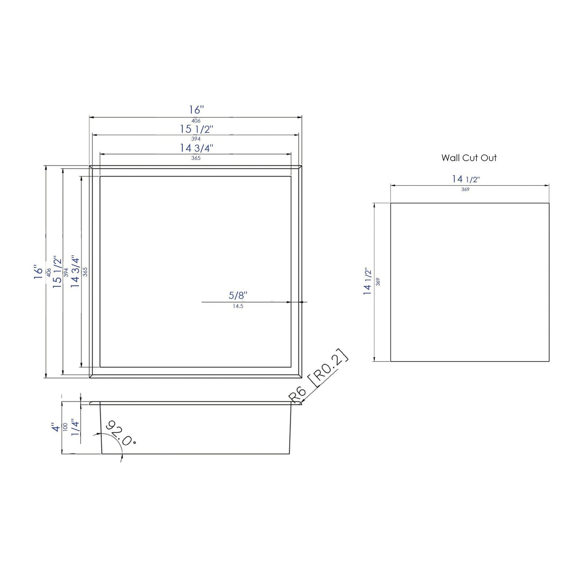 ALFI Brand ABNC1616-W 16" White Matte Stainless Steel Square Single Shelf Bath Shower Niche