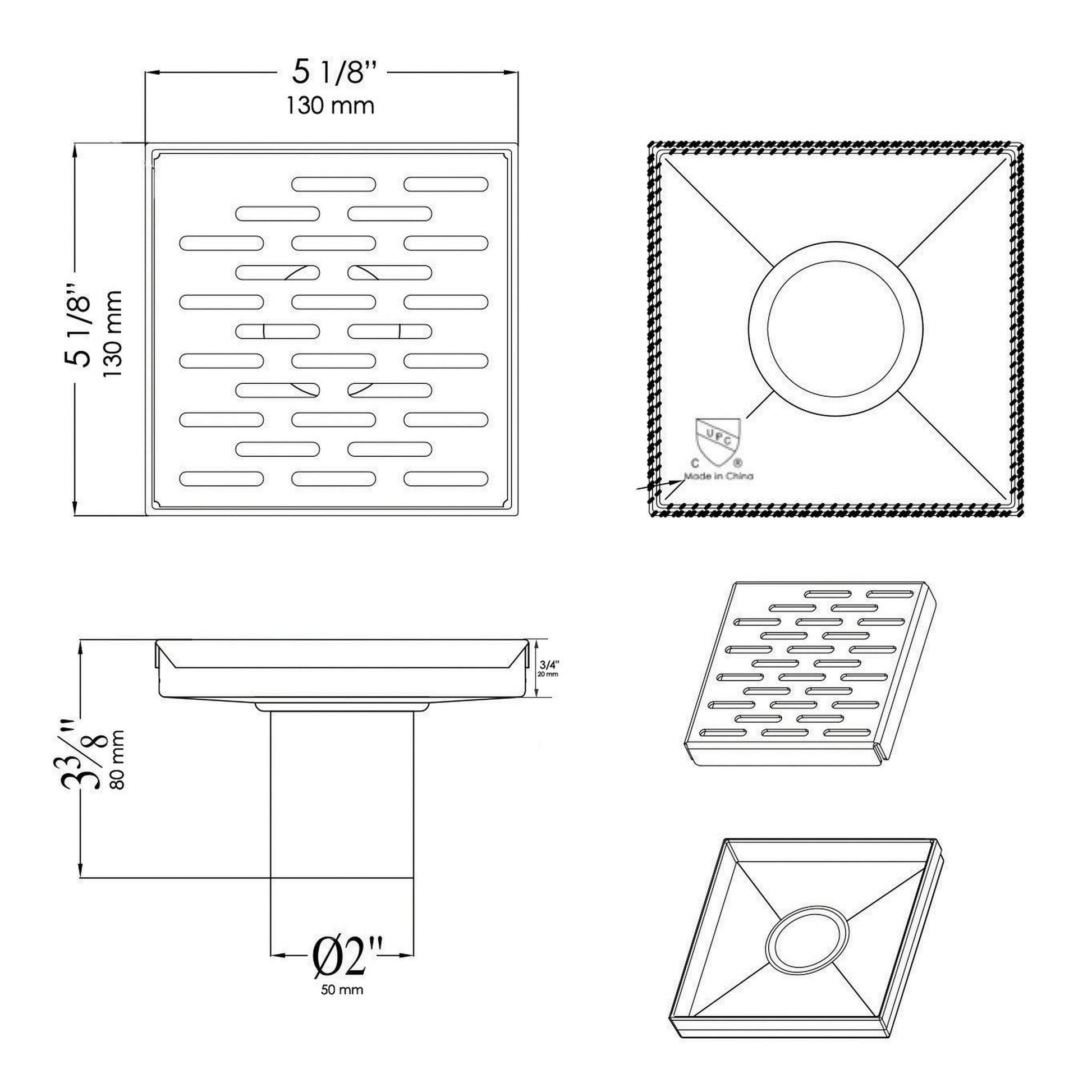 ALFI Brand ABSD55C-BM 5" Black Matte Stainless Steel Square Shower Drain With Groove Holes