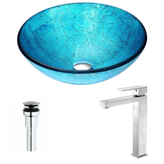 ANZZI Accent Series 17" x 17" Round Blue Ice Deco-Glass Vessel Sink With Chrome Pop-Up Drain and Brushed Nickel Enti Faucet