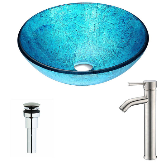 ANZZI Accent Series 17" x 17" Round Blue Ice Deco-Glass Vessel Sink With Chrome Pop-Up Drain and Brushed Nickel Fann Faucet
