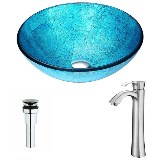 ANZZI Accent Series 17" x 17" Round Blue Ice Deco-Glass Vessel Sink With Chrome Pop-Up Drain and Brushed Nickel Harmony Faucet