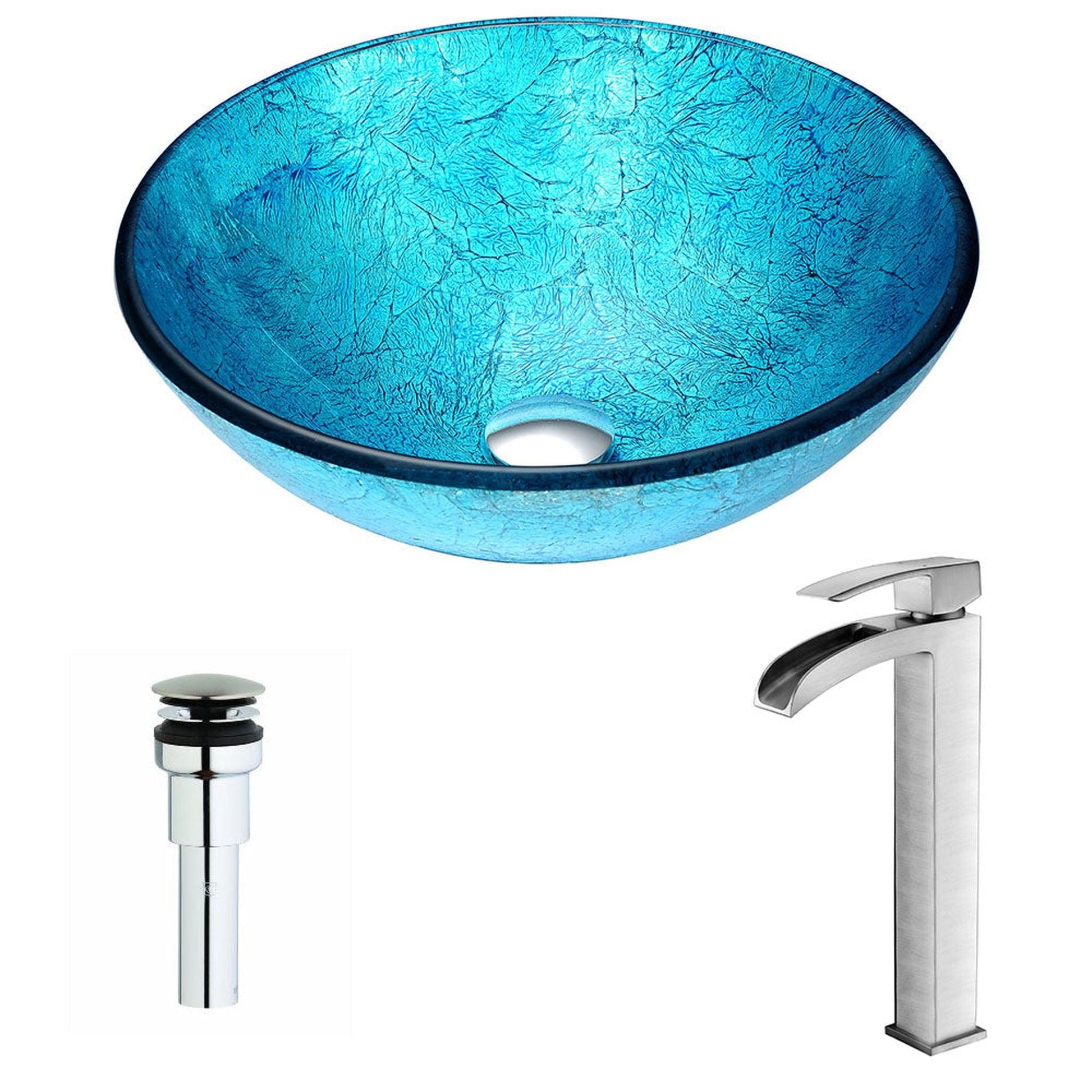 ANZZI Accent Series 17" x 17" Round Blue Ice Deco-Glass Vessel Sink With Chrome Pop-Up Drain and Brushed Nickel Key Faucet