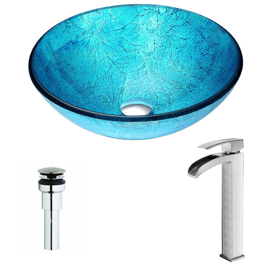 ANZZI Accent Series 17" x 17" Round Blue Ice Deco-Glass Vessel Sink With Chrome Pop-Up Drain and Brushed Nickel Key Faucet