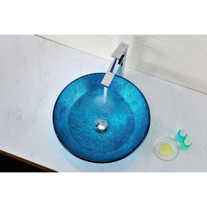 ANZZI Accent Series 17" x 17" Round Blue Ice Deco-Glass Vessel Sink With Polished Chrome Pop-Up Drain