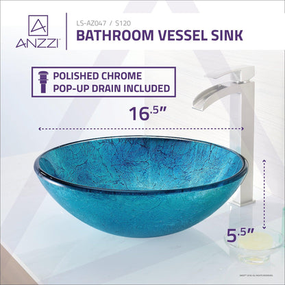 ANZZI Accent Series 17" x 17" Round Blue Ice Deco-Glass Vessel Sink With Polished Chrome Pop-Up Drain