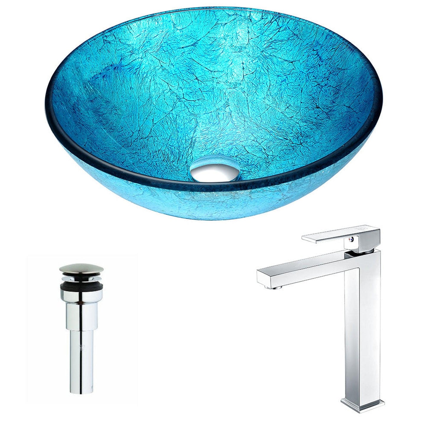 ANZZI Accent Series 17" x 17" Round Blue Ice Deco-Glass Vessel Sink With Polished Chrome Pop-Up Drain and Enti Faucet