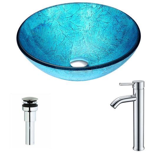 ANZZI Accent Series 17" x 17" Round Blue Ice Deco-Glass Vessel Sink With Polished Chrome Pop-Up Drain and Fann Faucet