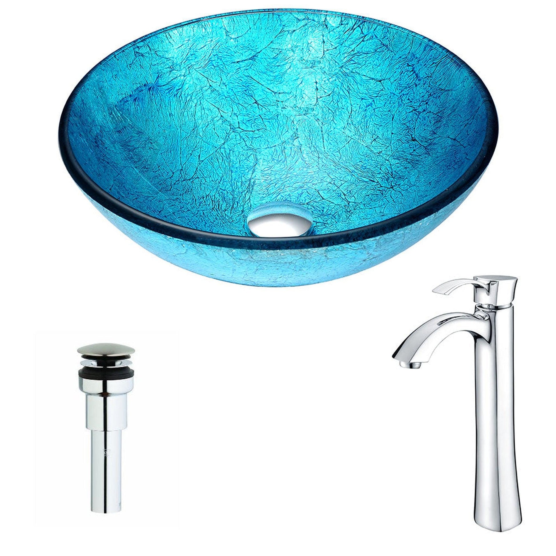 ANZZI Accent Series 17" x 17" Round Blue Ice Deco-Glass Vessel Sink With Polished Chrome Pop-Up Drain and Harmony Faucet