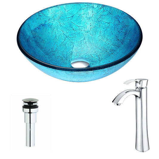 ANZZI Accent Series 17" x 17" Round Blue Ice Deco-Glass Vessel Sink With Polished Chrome Pop-Up Drain and Harmony Faucet