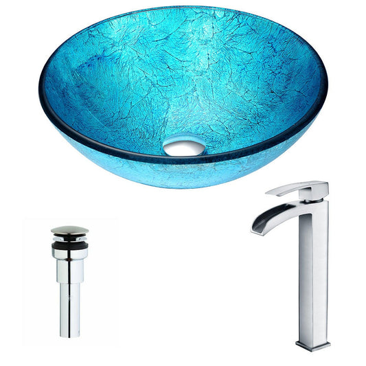 ANZZI Accent Series 17" x 17" Round Blue Ice Deco-Glass Vessel Sink With Polished Chrome Pop-Up Drain and Key Faucet
