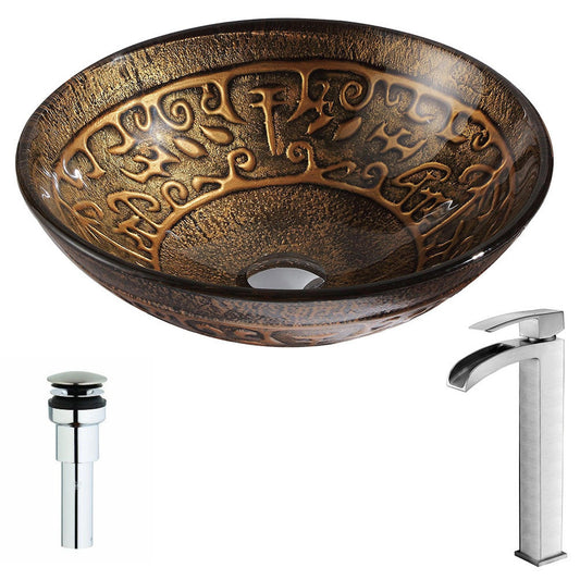 ANZZI Alto Series 17" x 17" Round Lustrous Brown Deco-Glass Vessel Sink With Chrome Pop-Up Drain and Brushed Nickel Fann Faucet
