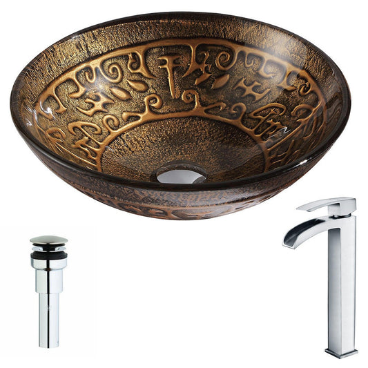 ANZZI Alto Series 17" x 17" Round Lustrous Brown Deco-Glass Vessel Sink With Chrome Pop-Up Drain and Key Faucet