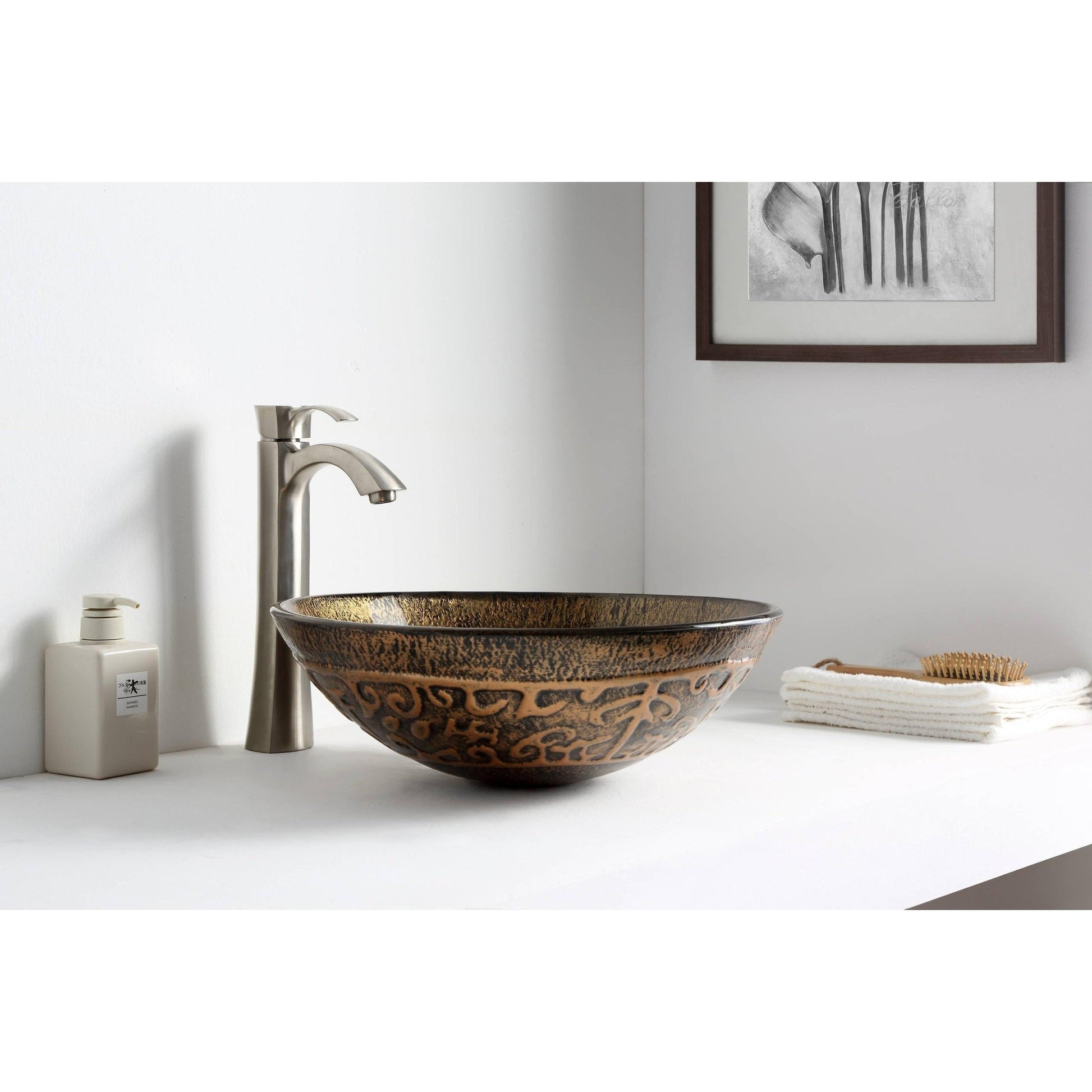 ANZZI Alto Series 17" x 17" Round Lustrous Brown Deco-Glass Vessel Sink With Polished Chrome Pop-Up Drain