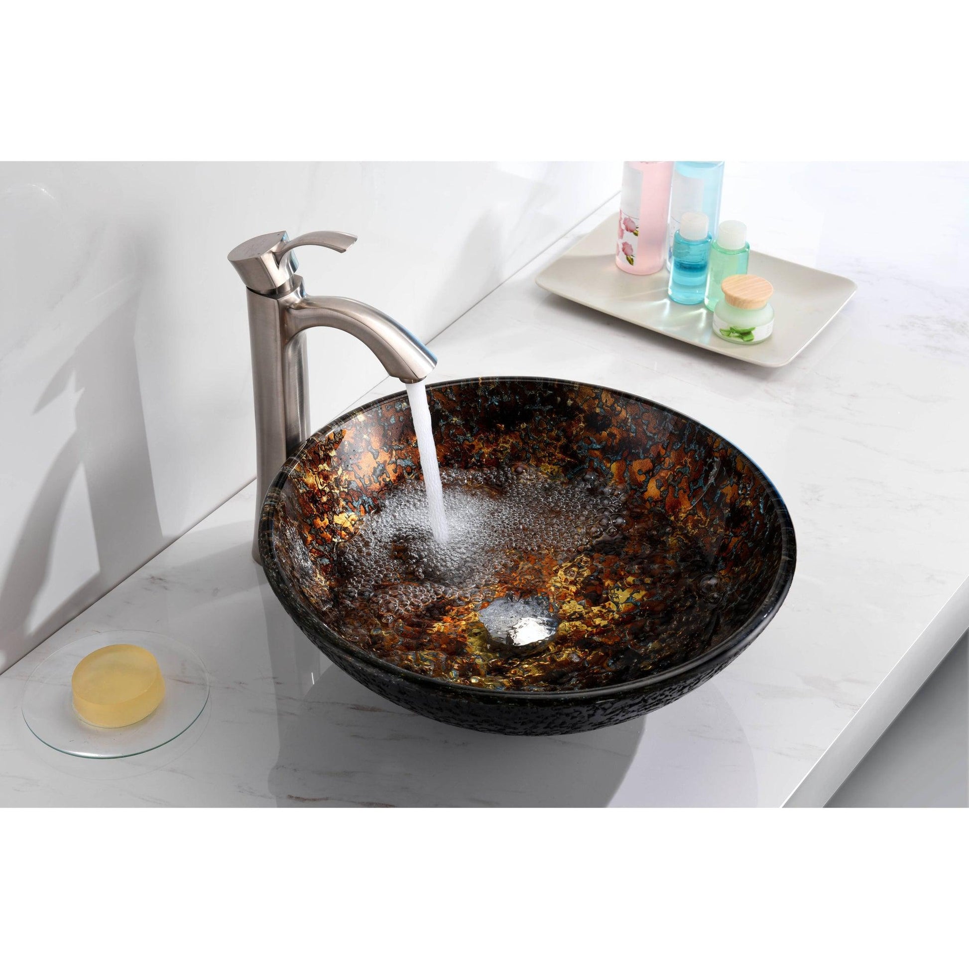 ANZZI Alto Series 17" x 17" Round Molten Gold Deco-Glass Vessel Sink With Polished Chrome Pop-Up Drain