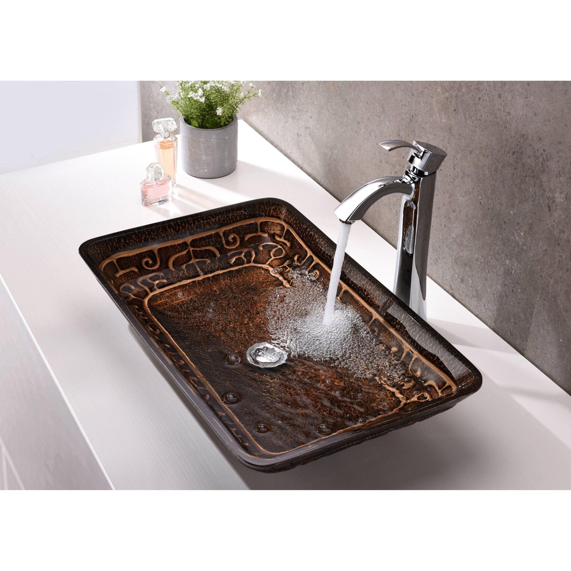 ANZZI Alto Series 23" x 14" Rectangular Macedonian Bronze Deco-Glass Vessel Sink With Polished Chrome Pop-Up Drain