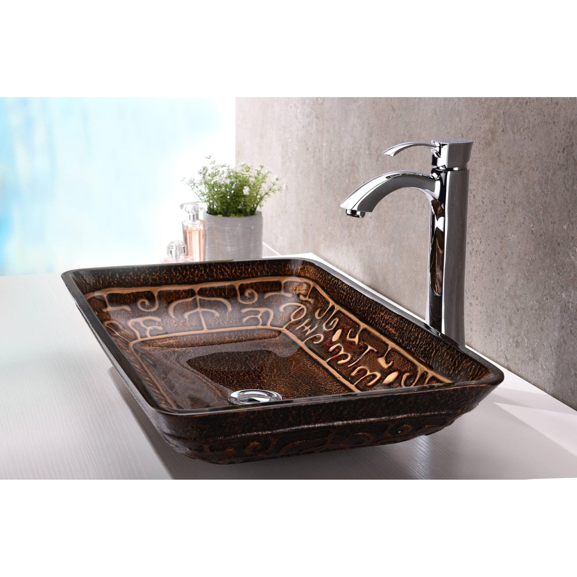 ANZZI Alto Series 23" x 14" Rectangular Macedonian Bronze Deco-Glass Vessel Sink With Polished Chrome Pop-Up Drain